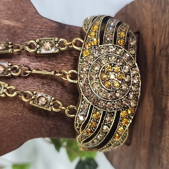 Statement Gold Hinge / Clamper Bracelet with Crystals and Attached Ring New - Picture 6 of 10